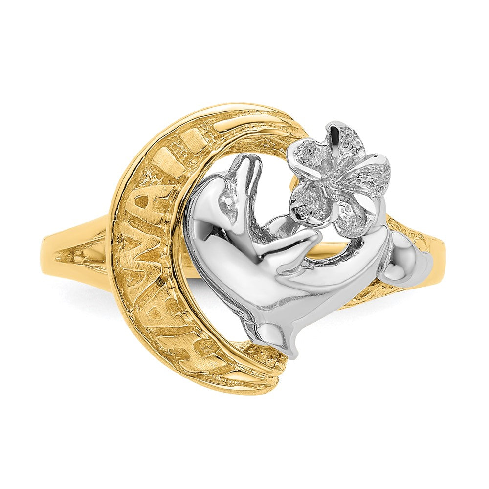 14K Bicolor-Gold Ring „HAWAII“ mit Delfin und Blume