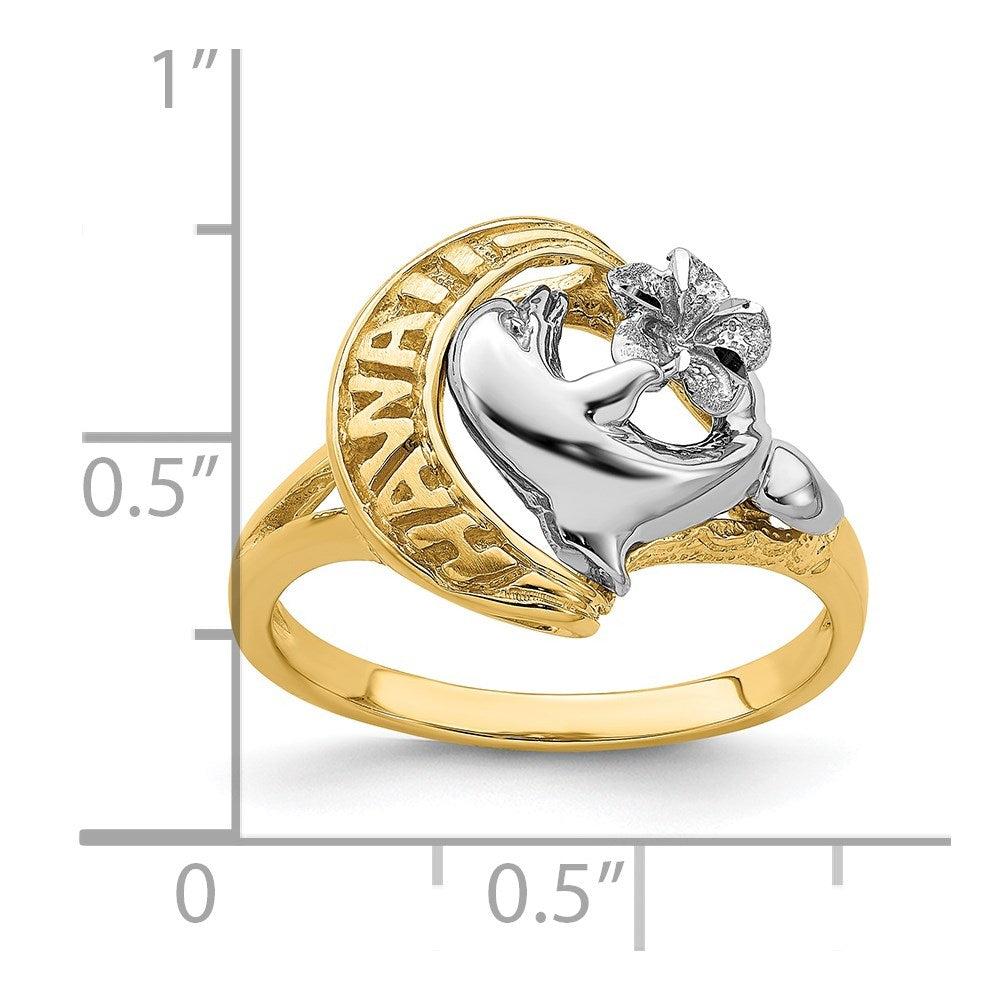 14K Bicolor-Gold Ring „HAWAII“ mit Delfin und Blume