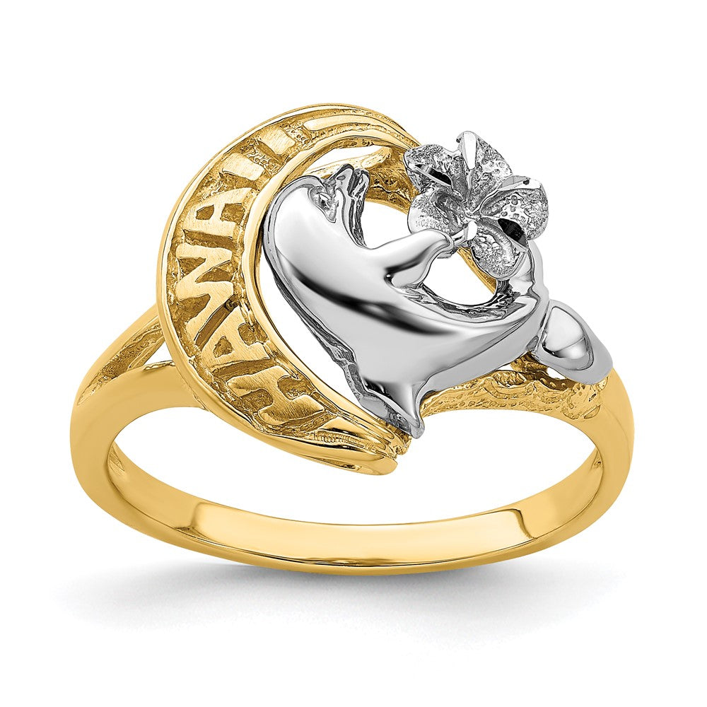 14K Bicolor-Gold Ring „HAWAII“ mit Delfin und Blume