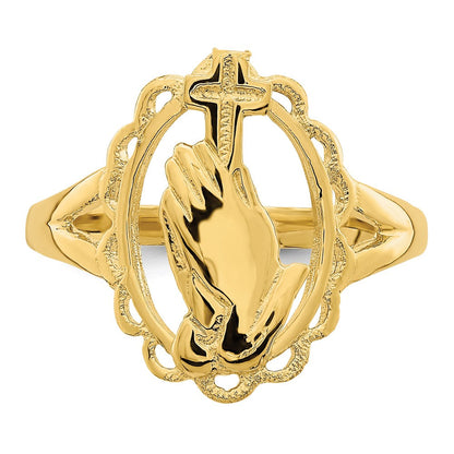 14K Gelbgold Ring "Betende Hände und Kreuz", poliert