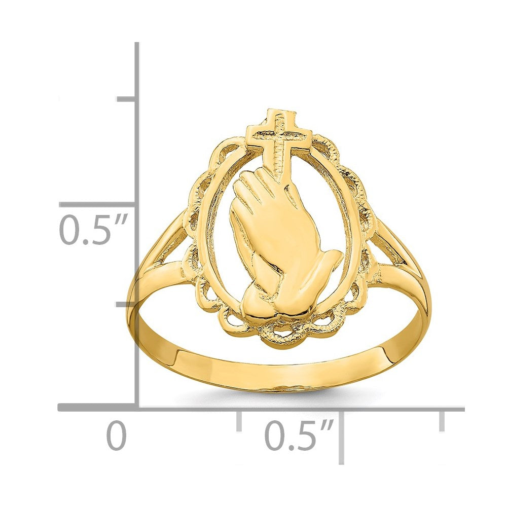14K Gelbgold Ring "Betende Hände und Kreuz", poliert