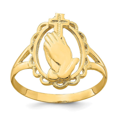 14K Gelbgold Ring "Betende Hände und Kreuz", poliert