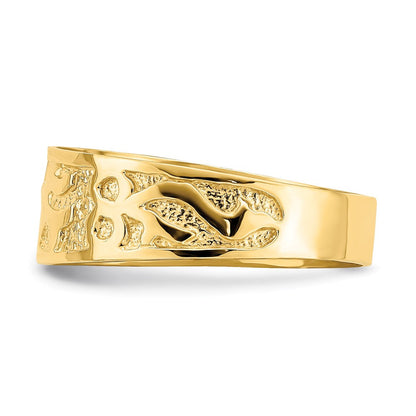 14K Gelbgold Ring mit strukturierter und polierter Tauben-Gravur