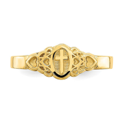 14K Gelbgold Ring mit Kreuz in Oval-Design mit Schnörkel und Herz