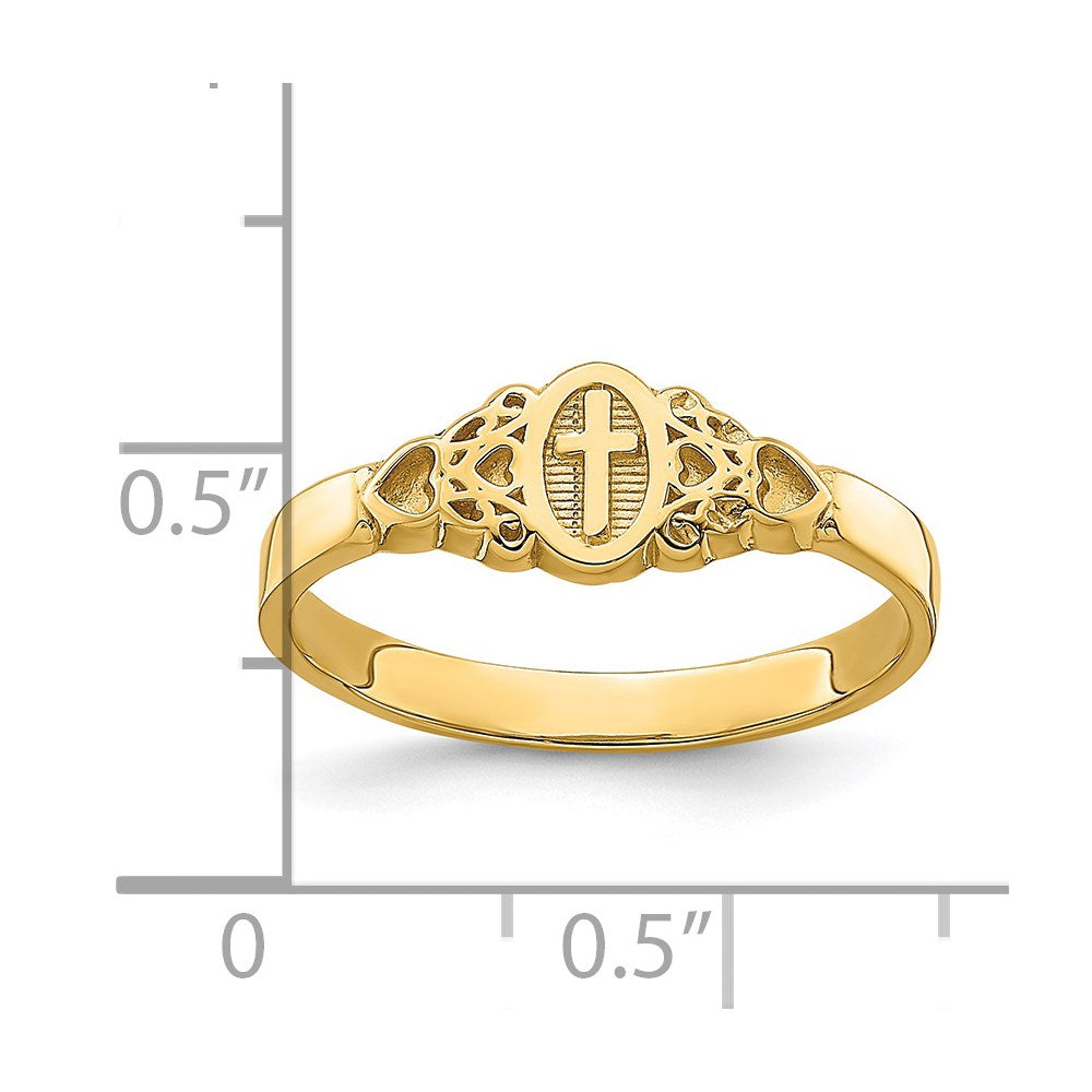14K Gelbgold Ring mit Kreuz in Oval-Design mit Schnörkel und Herz