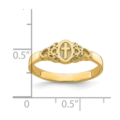 14K Gelbgold Ring mit Kreuz in Oval-Design mit Schnörkel und Herz