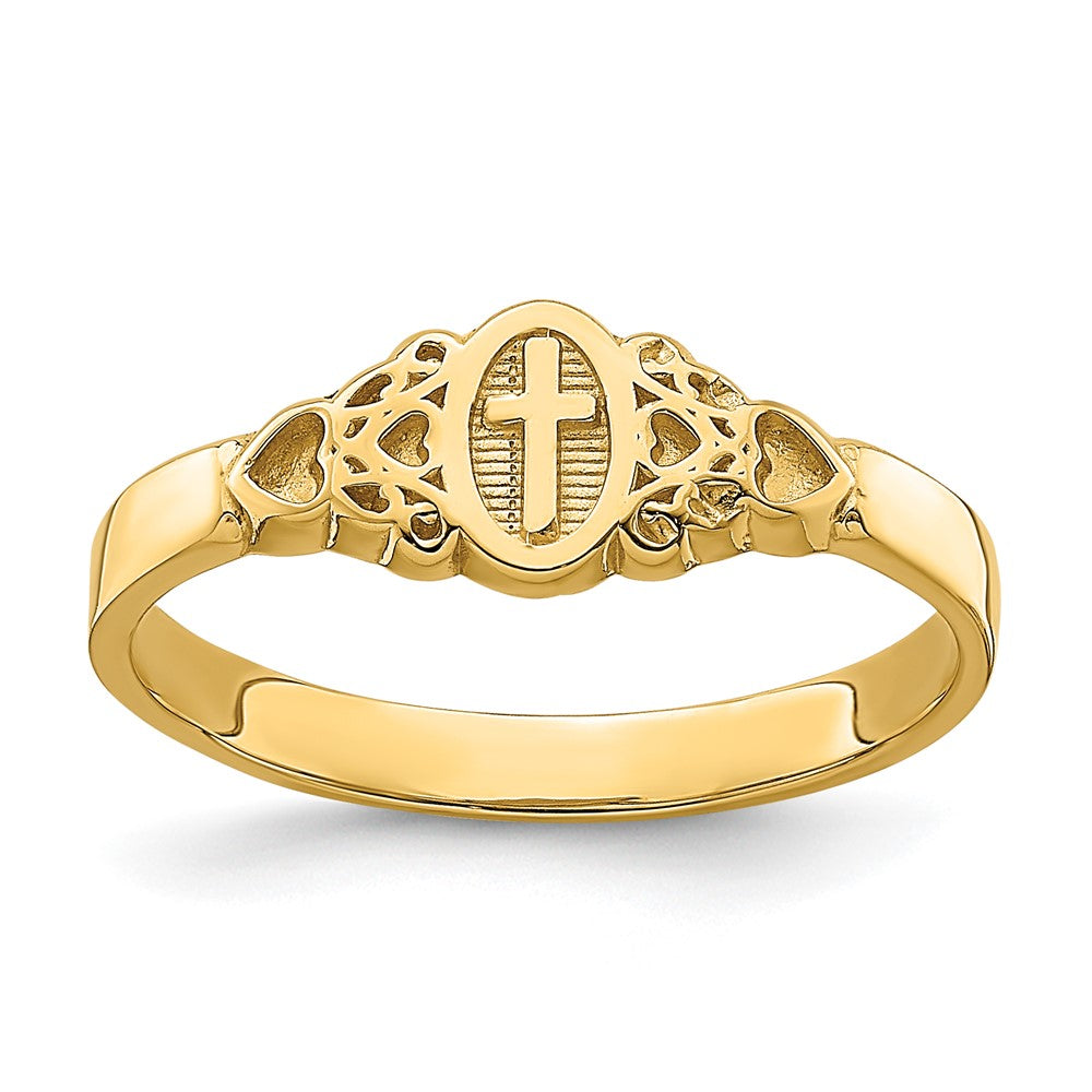 14K Gelbgold Ring mit Kreuz in Oval-Design mit Schnörkel und Herz