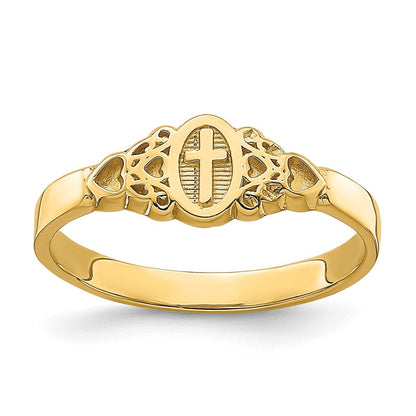 14K Gelbgold Ring mit Kreuz in Oval-Design mit Schnörkel und Herz