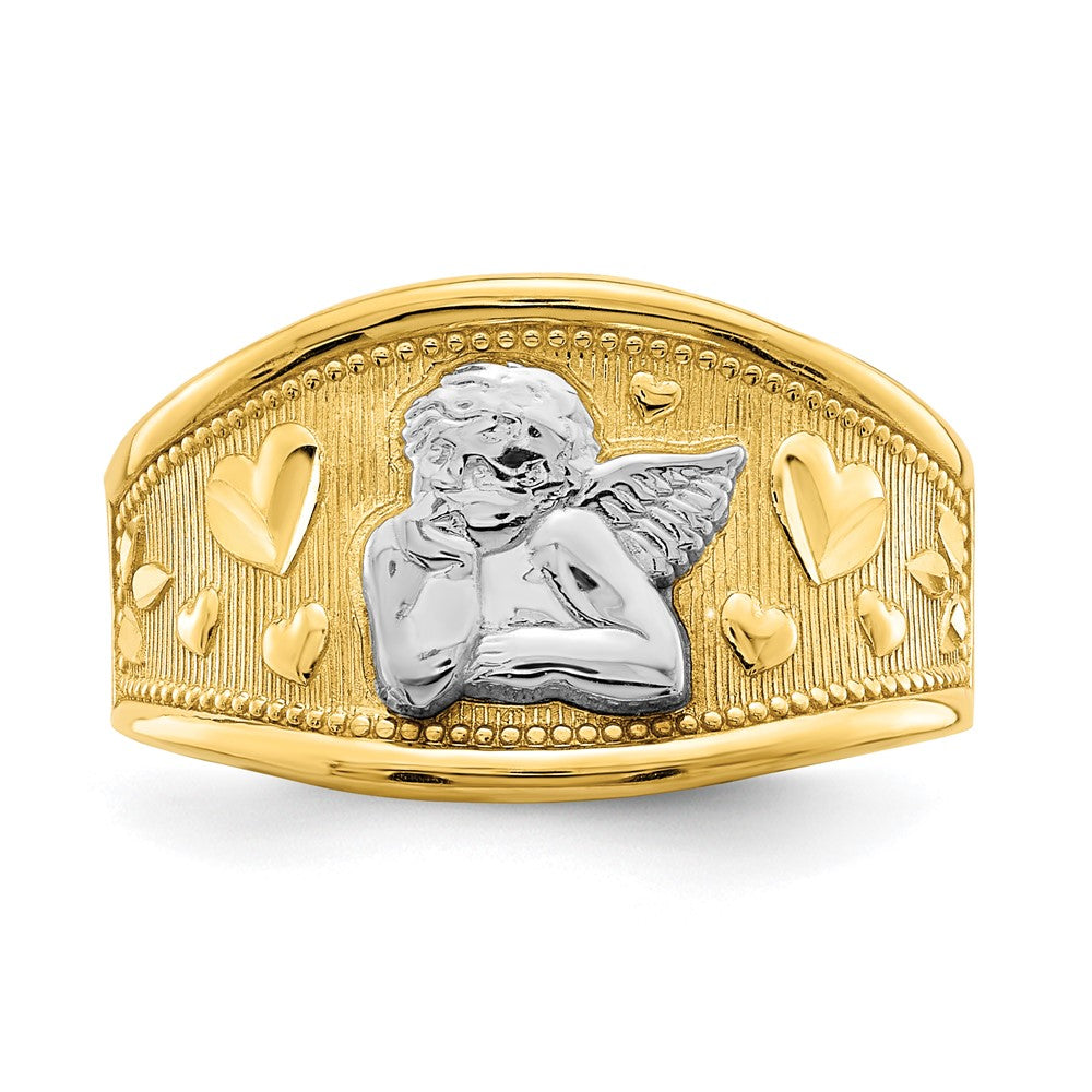 14K Gelbgold Ring mit Rhodium, Engel und Herz