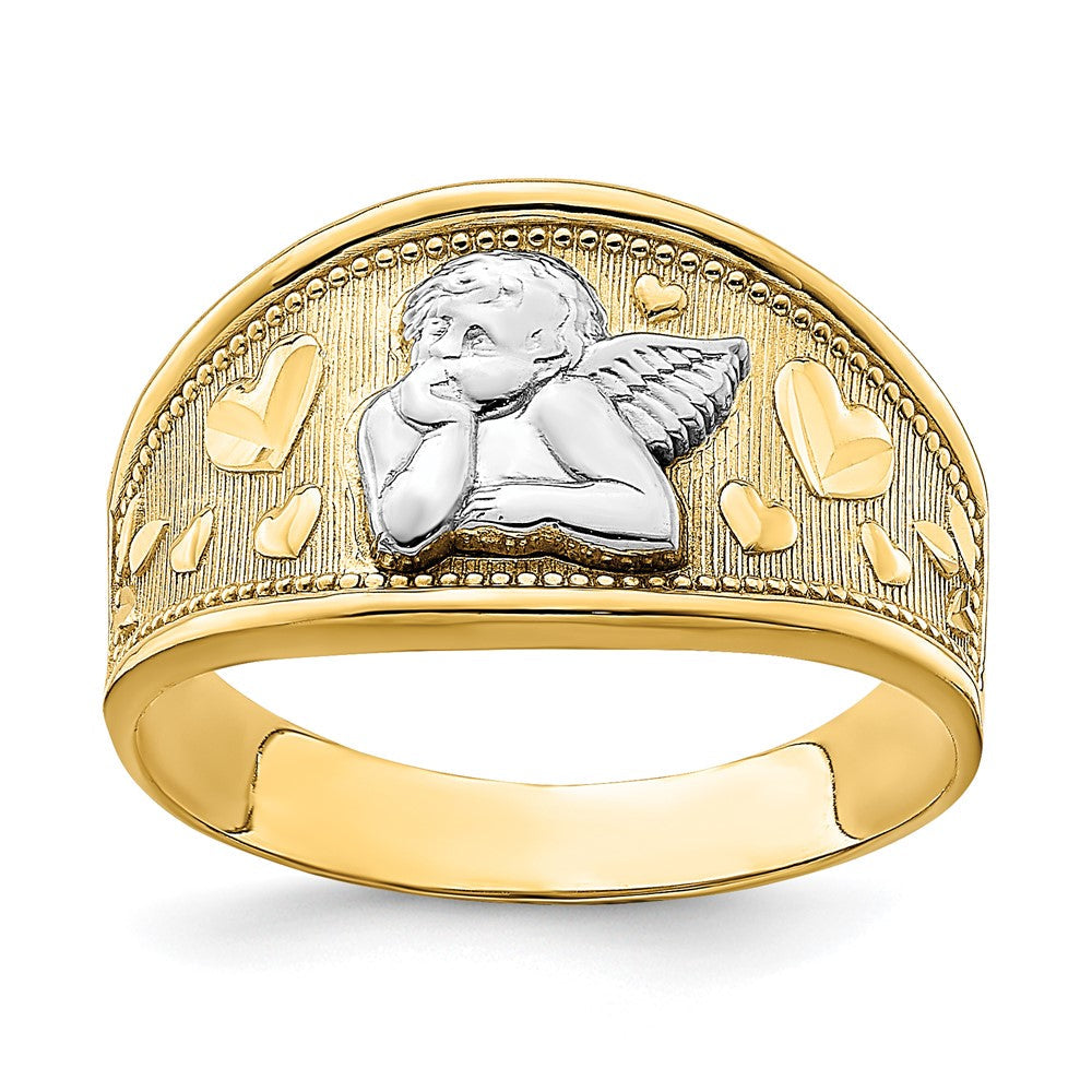 14K Gelbgold Ring mit Rhodium, Engel und Herz