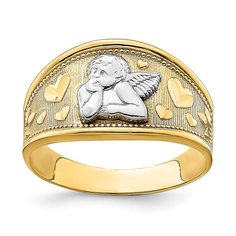 14K Gelbgold Ring mit Rhodium, Engel und Herz