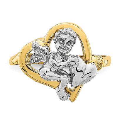 14K Bicolor-Gold Ring mit Cherub, der ein Herz hält