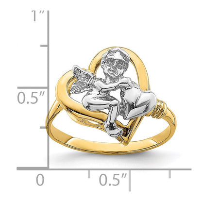 14K Bicolor-Gold Ring mit Cherub, der ein Herz hält