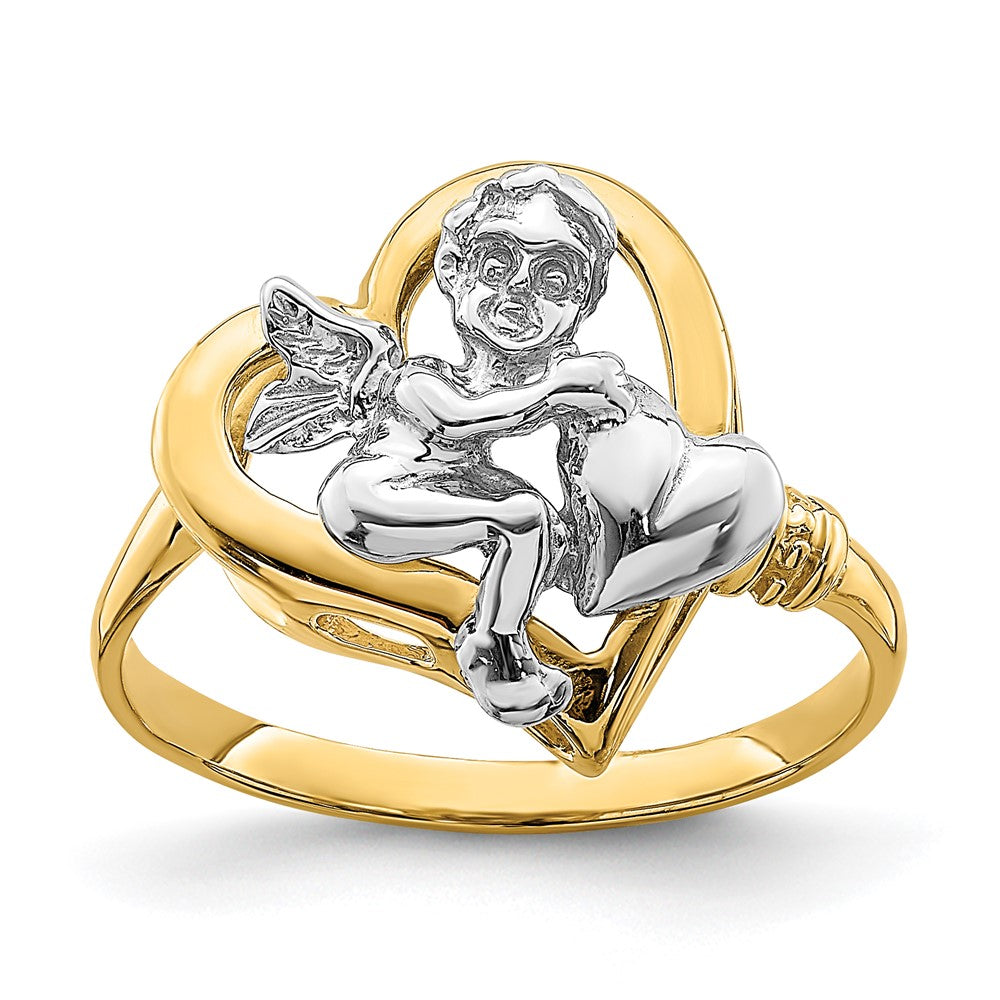14K Bicolor-Gold Ring mit Cherub, der ein Herz hält