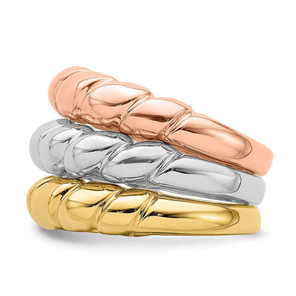 Ehering aus 14K Tricolor-Gold mit dreifachem Garnelenmuster