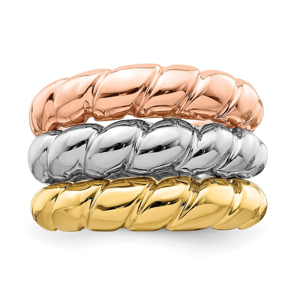Ehering aus 14K Tricolor-Gold mit dreifachem Garnelenmuster