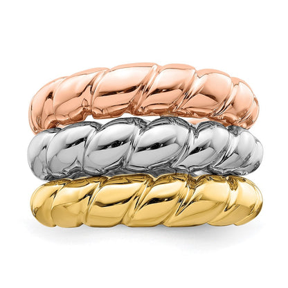 Ehering aus 14K Tricolor-Gold mit dreifachem Garnelenmuster