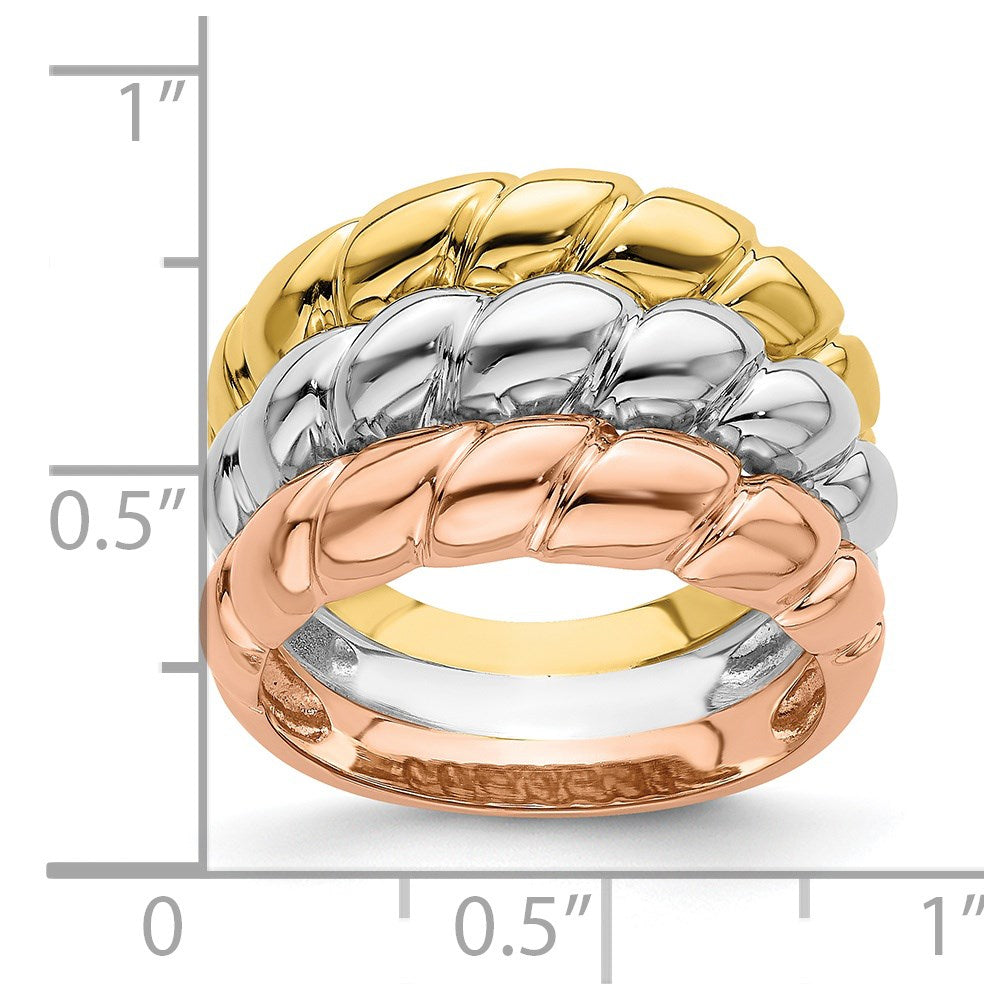 Ehering aus 14K Tricolor-Gold mit dreifachem Garnelenmuster