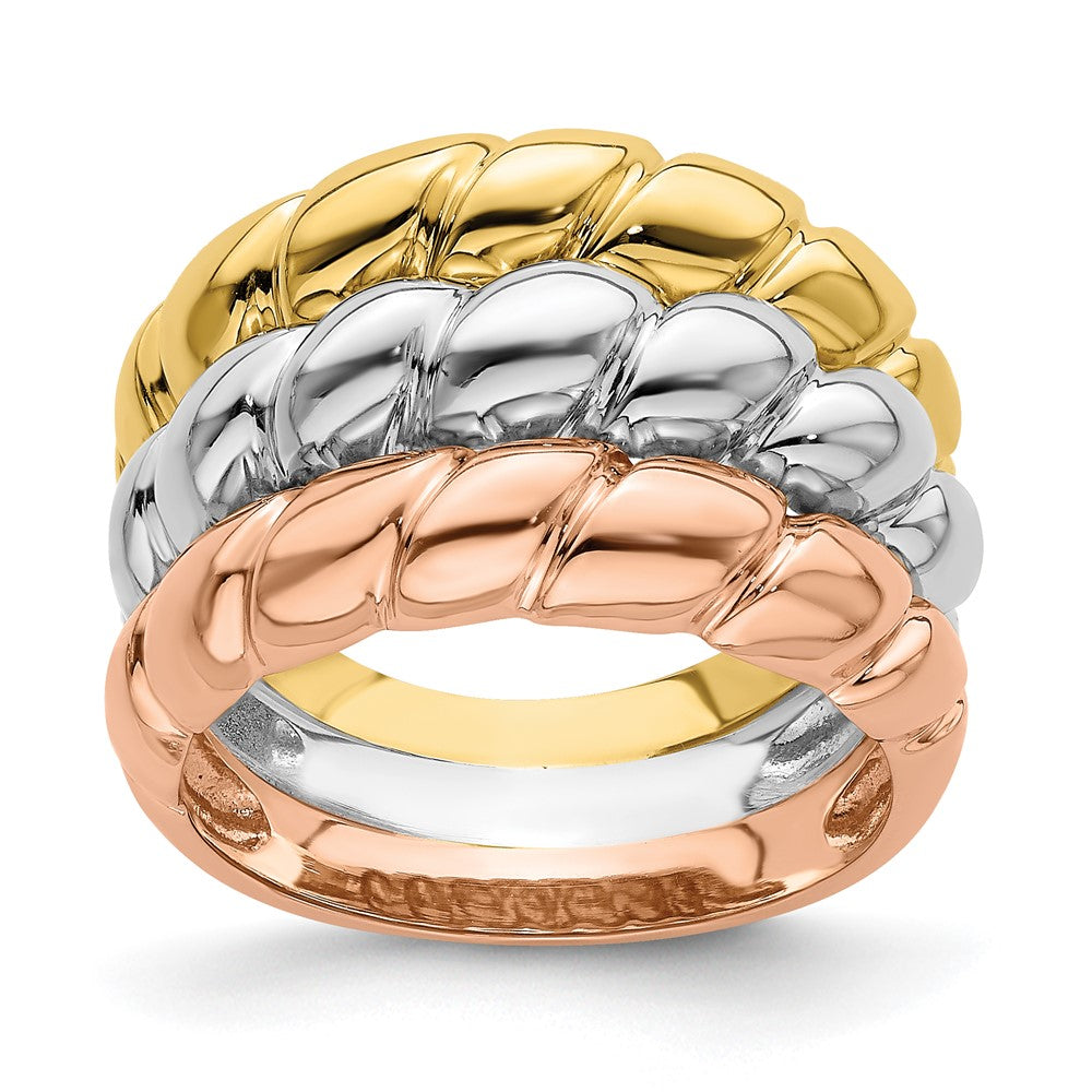 Ehering aus 14K Tricolor-Gold mit dreifachem Garnelenmuster