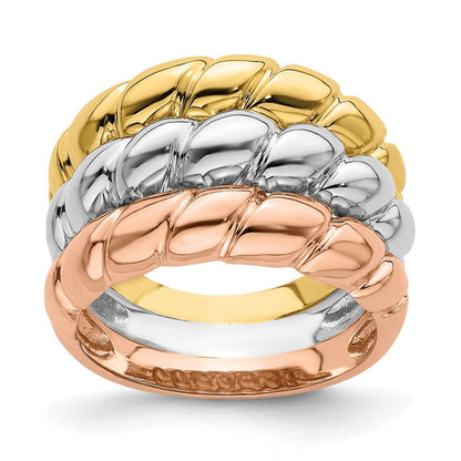 Ehering aus 14K Tricolor-Gold mit dreifachem Garnelenmuster