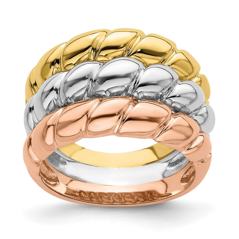 Ehering aus 14K Tricolor-Gold mit dreifachem Garnelenmuster