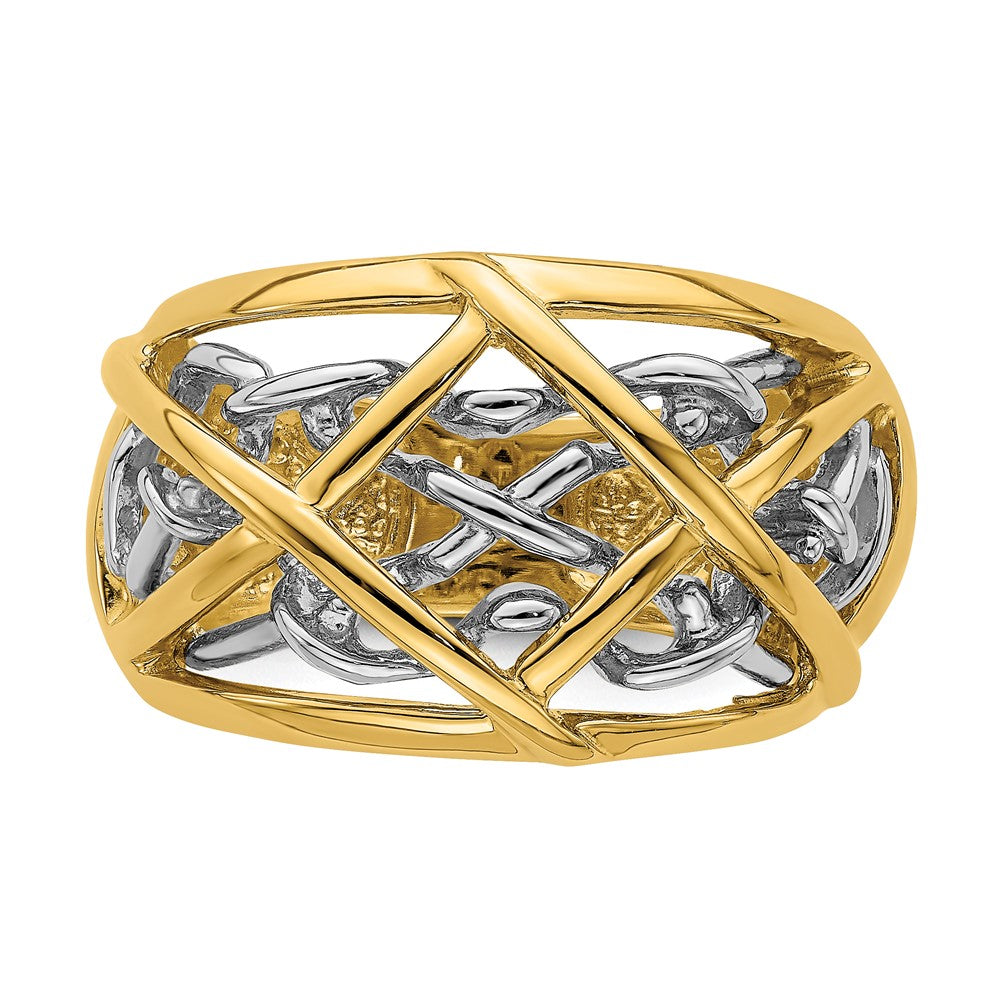 14K Bicolor-Gold Ring mit Ranken-Kreuzmuster