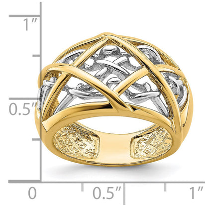 14K Bicolor-Gold Ring mit Ranken-Kreuzmuster