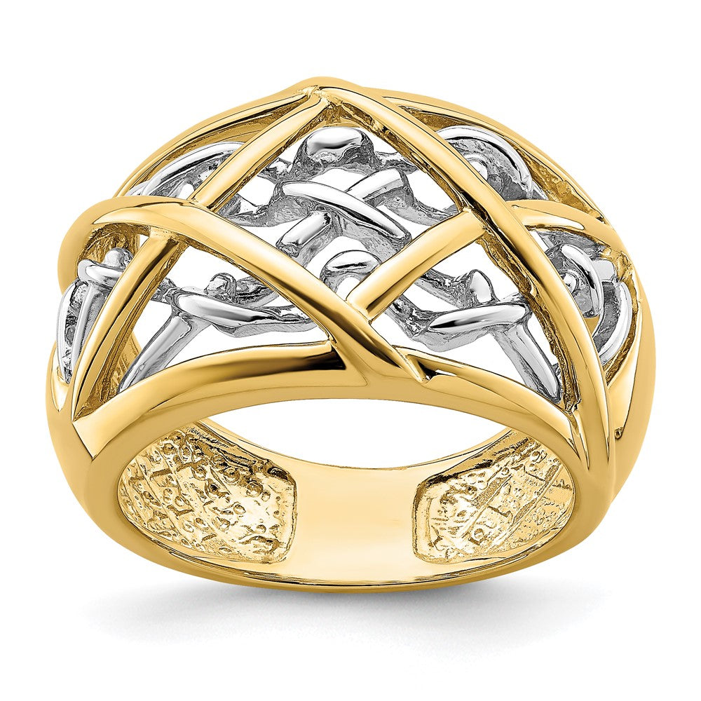 14K Bicolor-Gold Ring mit Ranken-Kreuzmuster