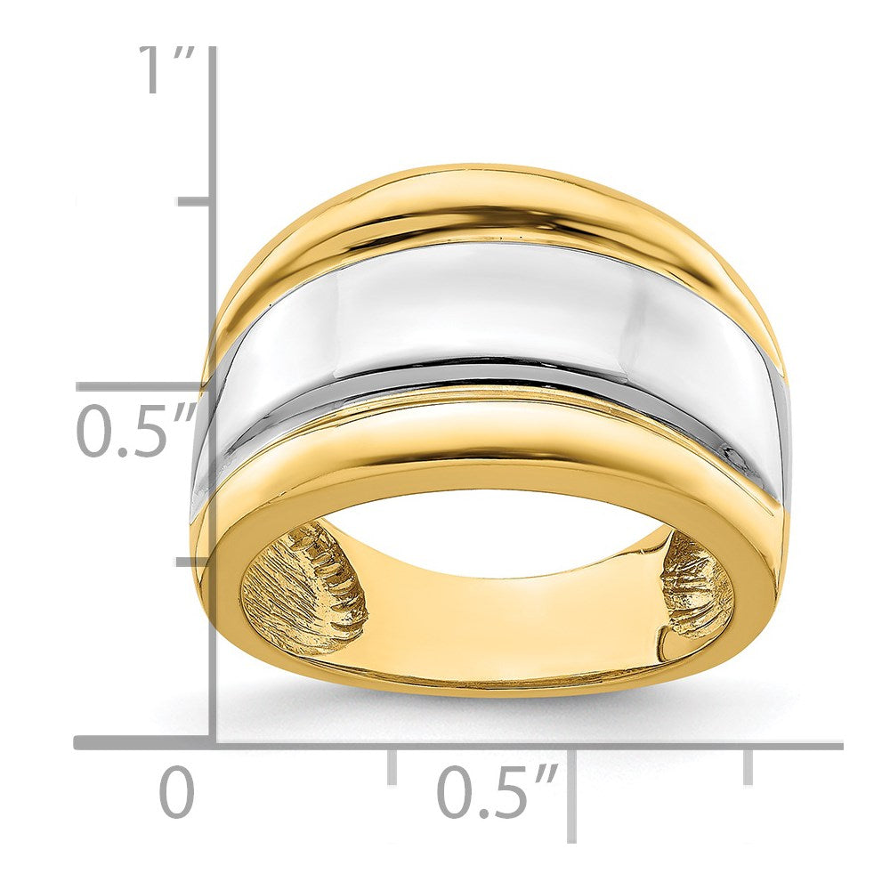 14K Gelbgold mit Rhodium poliert breiter Ring mit mittiger Rippe