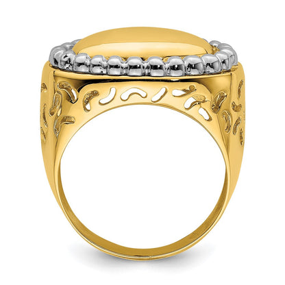 14K Bicolor Gold Polierter Gewölbter Ring mit Perlrand-Rahmen