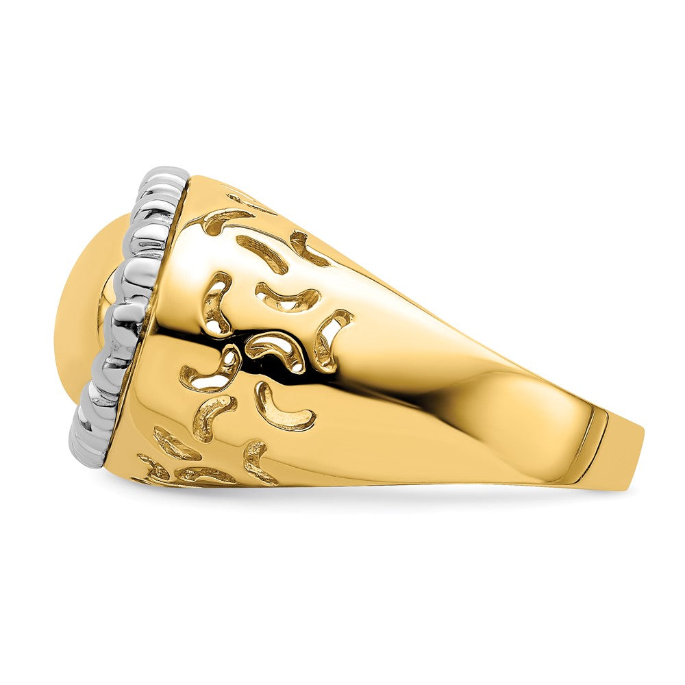 14K Bicolor Gold Polierter Gewölbter Ring mit Perlrand-Rahmen