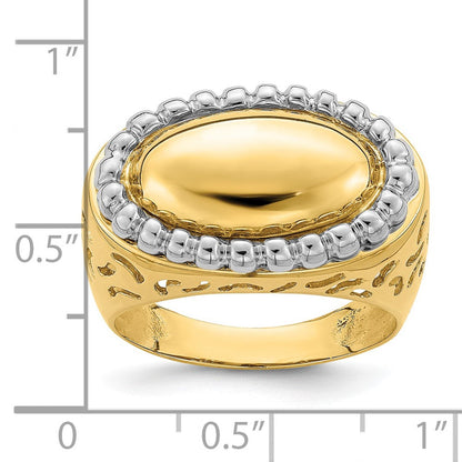 14K Bicolor Gold Polierter Gewölbter Ring mit Perlrand-Rahmen