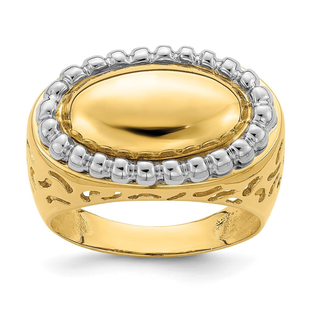14K Bicolor Gold Polierter Gewölbter Ring mit Perlrand-Rahmen