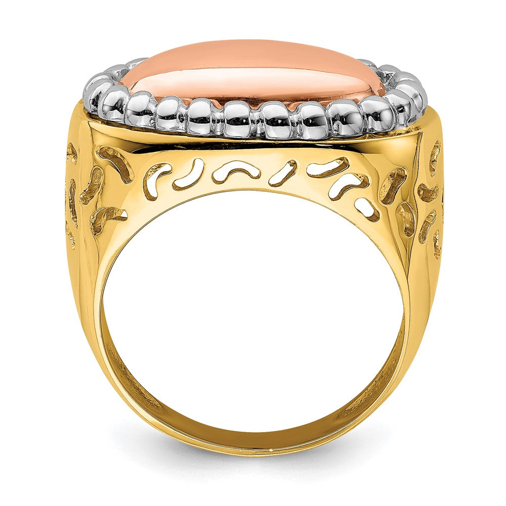 14K Tricolor Gold Ovaler Ring mit Perlrand-Kuppeldesign