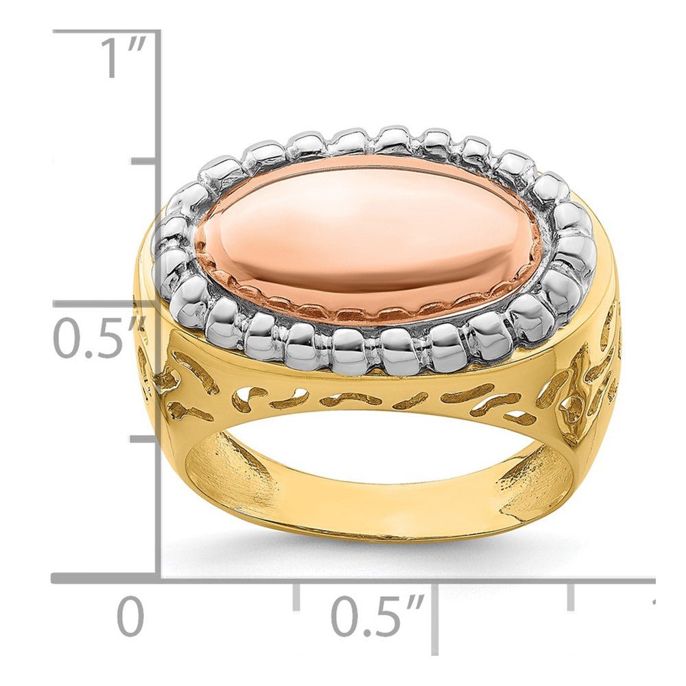 14K Tricolor Gold Ovaler Ring mit Perlrand-Kuppeldesign