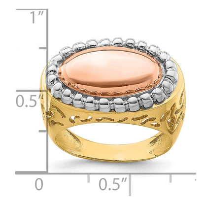 14K Tricolor Gold Ovaler Ring mit Perlrand-Kuppeldesign