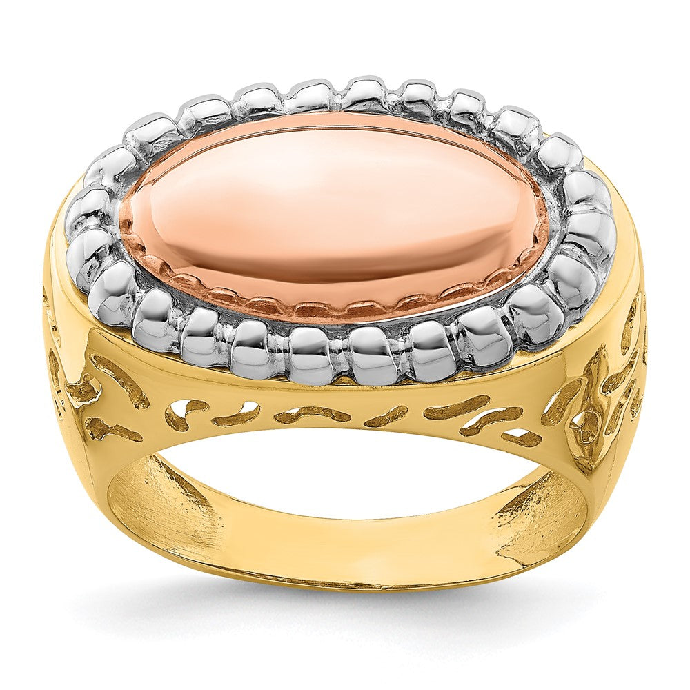 14K Tricolor Gold Ovaler Ring mit Perlrand-Kuppeldesign