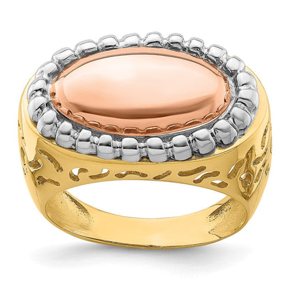 14K Tricolor Gold Ovaler Ring mit Perlrand-Kuppeldesign