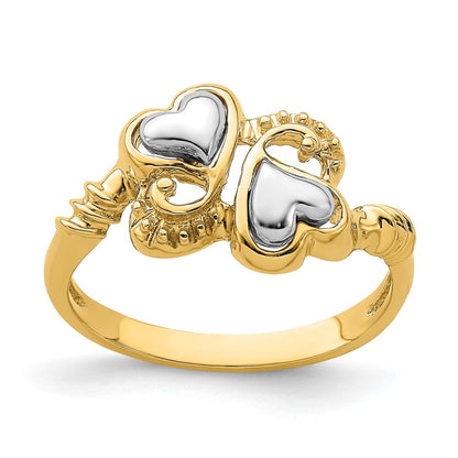 14K Bicolor Gold Ring mit Herzen und Schnörkel-Design