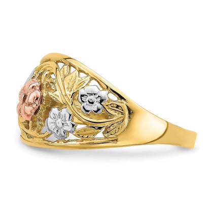 14K Bicolor-Gold mit Weißrhodium Blumen-Domring