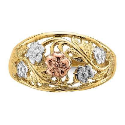 14K Bicolor-Gold mit Weißrhodium Blumen-Domring