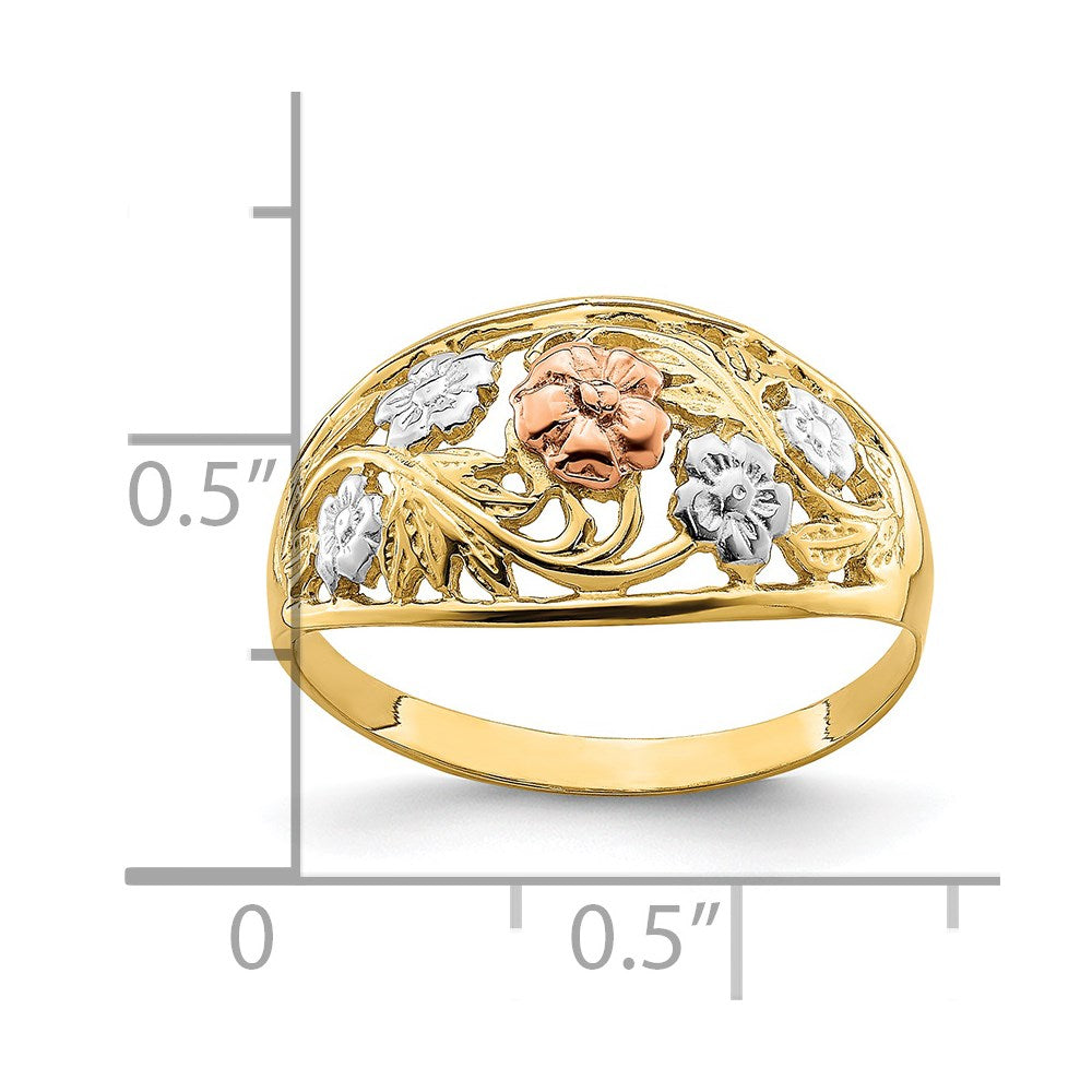 14K Bicolor-Gold mit Weißrhodium Blumen-Domring