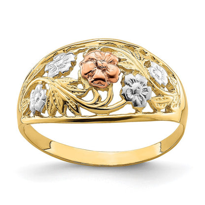 14K Bicolor-Gold mit Weißrhodium Blumen-Domring