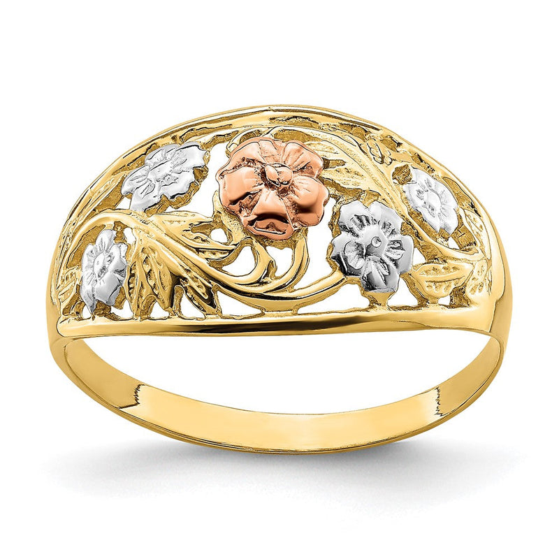 14K Bicolor-Gold mit Weißrhodium Blumen-Domring
