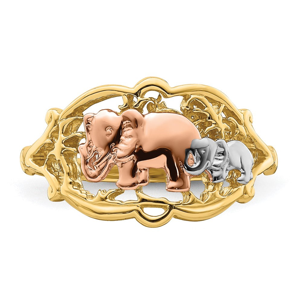 14K Bicolor-Gold Ring mit Weiß-Rhodinierung, zwei Elefanten