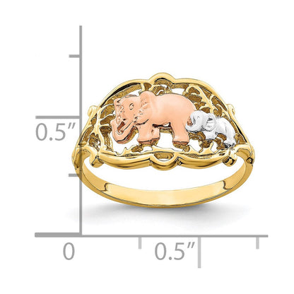 14K Bicolor-Gold Ring mit Weiß-Rhodinierung, zwei Elefanten