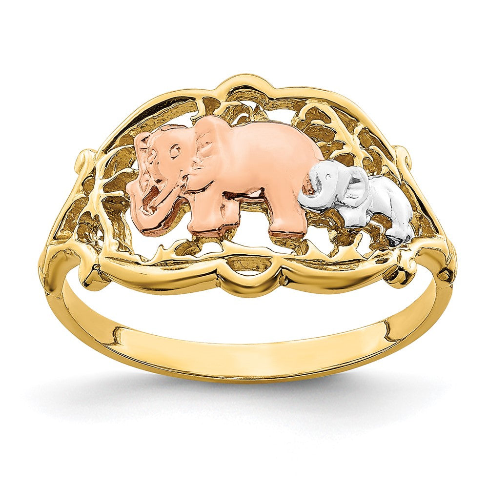 14K Bicolor-Gold Ring mit Weiß-Rhodinierung, zwei Elefanten