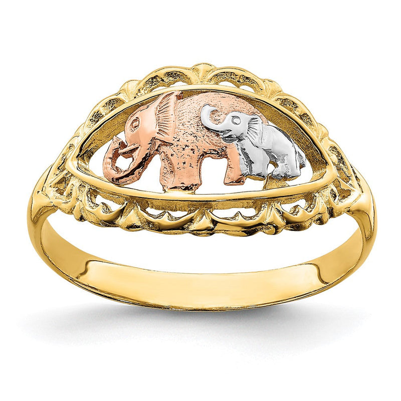 14K Bicolor-Gold-Ring mit Weißrhodium und zwei Elefanten