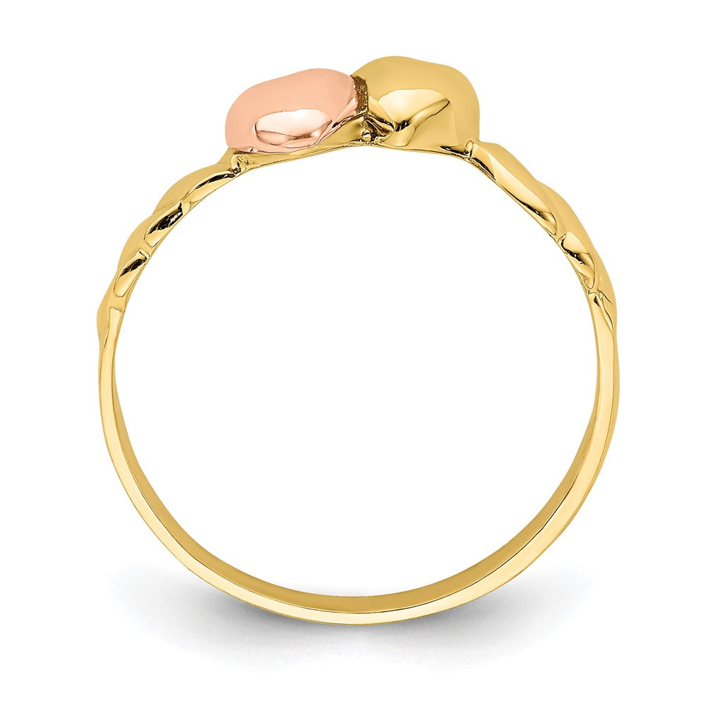 14K Bicolor-Ring mit geripptem Zwei-Herzen-Design