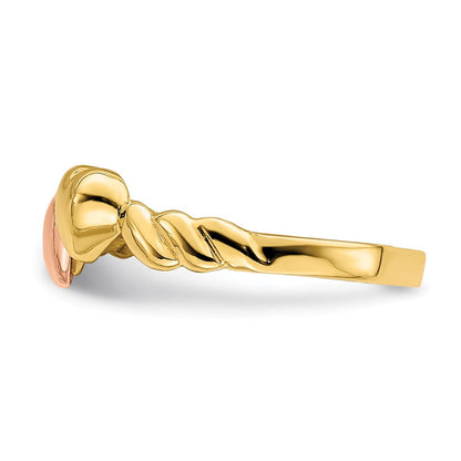 14K Bicolor-Ring mit geripptem Zwei-Herzen-Design